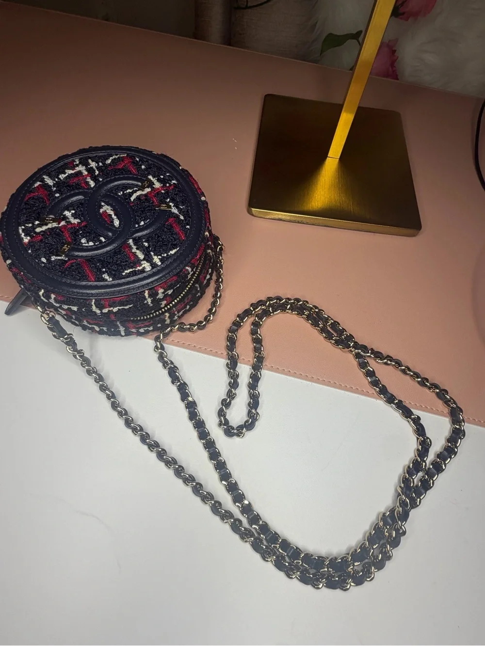 Chanel Filigree Round Clutch with Chain Tweed Navy Red Crossbody Bag